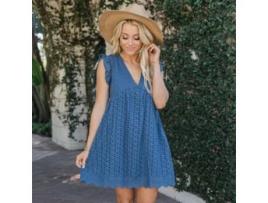 Vestido de Renda Manga Curta com Decote em V VCTEX  (Azul Escuro)