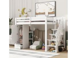 Cama Com Gavetas Alta Multifuncional Escada Retrátil Roupa Modular Pangshiyaun Madeira De Pinho Mdf Branco (160x254x95cm)