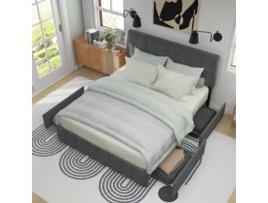 Cama de Casal com Arrumação e Gavetas Estofada Base Ripas Metálicas YUETOPP Linho Cinzento (140x200cm)