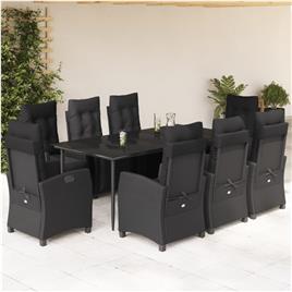 vidaXL 9 pcs conjunto de jantar p/ jardim c/ almofadões vime PE preto