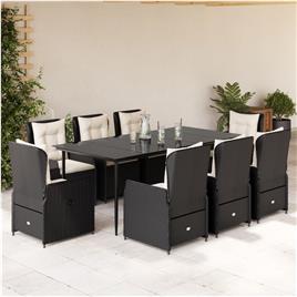 vidaXL 9 pcs conjunto de jantar p/ jardim c/ almofadões vime PE preto