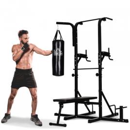 Estação de Musculação Dip com Banco de Pesos Reclinável Saco de Boxe e Barra de Elevação Torre de Treinamento Fitness 180x183x2