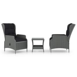 3 pcs conj. lounge jardim c/ almofadões vime PE cinzento-claro