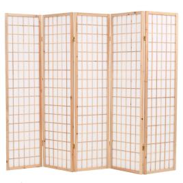 Biombo dobrável com 5 painéis estilo japonês 200x170 cm natural