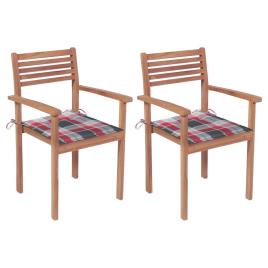 Cadeiras jardim c/ almofadões xadrez vermelho 2 pcs teca maciça