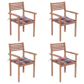 Cadeiras jardim c/ almofadões xadrez vermelho 4 pcs teca maciça