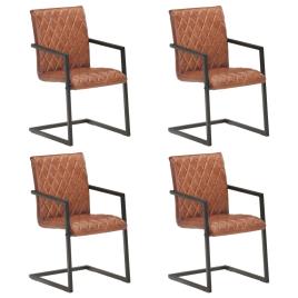 Cadeiras de jantar cantilever 4 pcs couro genuíno castanho