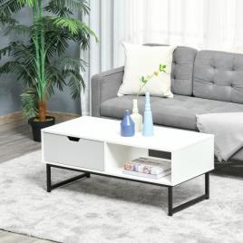 HOMCOM Mesa de Centro para Sala de Estar Mesa de Centro Moderna com Prateleira Aberta Gaveta e Pés Elevados Mesa Auxiliar para Sala de Estar Escritório 106x48x43cm Branco