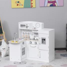 HOMCOM Cozinha de Brinquedo de Madeira para Crianças acima de 3 Anos Cozinha Infantil com Frigorífico Microondas Lavatório e 14 Acessórios 86x64x84,5cm Branco