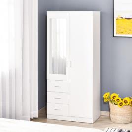 HOMCOM Armário Roupeiro de 2 Portas com Espelho 3 Gavetas Prateleiras Ajustáveis e Barra para Pendurar Incluida Roupeiro para Dormitório 80x50x180cm Branco