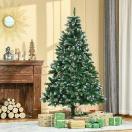Árvore de Natal Artificial Ø90x180cm com 1111 Ramos de PVC e 59 Pinhas Base Dobrável e Suporte de Aço Decoração de Natal para I