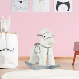HOMCOM Cavalo Baloiço para Crianças de 18-36 Meses Cavalo de Balançar com Ursinho de Pelúcia Sons de Relinchos e Galopes base de Madeira 65x26x55cm Branco
