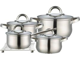 Trem Cozinha Indução Aço Inoxidável 9 Peças, Tampas Vidro Temperado  + 1 Descanso de Panela