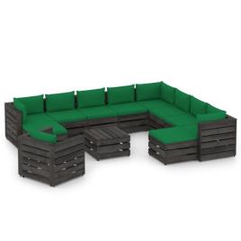 Conjunto Lounge Jardim + Almofadões Madeira Impreg. Cinzento 12pcs