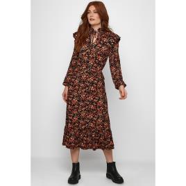 Vestido comprido e estampado, gola para atar