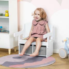 HOMCOM 2 EM 1 Banco de Madeira para Crianças 60x43x57cm Convertivel em Secretária Infantil 60x60x43cm com Assento 2 Cestos de TNT para Armazenamento Removíveis Branco