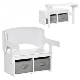 HOMCOM 2 EM 1 Banco de Madeira para Crianças 60x43x57cm Convertivel em Secretária Infantil 60x60x43cm com Assento 2 Cestos de TNT para Armazenamento Removíveis Branco