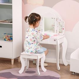 HOMCOM Toucador Infantil de Madeira com Banco e Espelho de Acrílico de 2 Sessões Mesa de Maquilhagem Infantil com Gaveta para Dormitório Sala de Jogos 63x40x85,5cm Branco