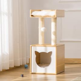 PawHut Árvore para Gatos de 2 Níveis com Caverna Superior Postes Arranhadores de Sisal Natural Almofadas Laváveis e Bola de Brinquedo 35x35x81cm Carvalho