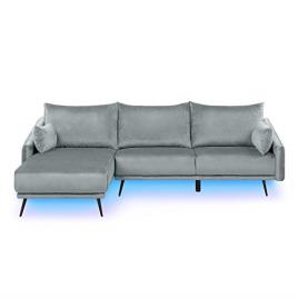 Sofá de canto em veludo cinzento com iluminação LED, versão à direita VARDE