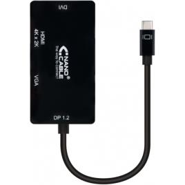 Conversor USB-C para SVGA/DVI/HDMI, 3 em 1. USB-C/M-VGA/H-DVI/HDMI-H/4K, Preto, 10 cm