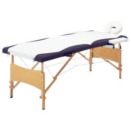 Mesa de massagens dobrável 2 zonas madeira branco e roxo