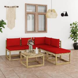 6 pcs conjunto lounge de jardim com almofadões vermelhos