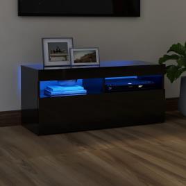 Móvel de TV com luzes LED 90x35x40 cm preto brilhante
