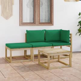 4 pcs conjunto lounge de jardim com almofadões verdes
