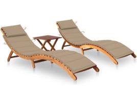 Conjunto de 2 Espreguiçadeiras VIDAXL com Mesa e Almofadas (Bege - Madeira de Acácia - 184x55x64 cm)