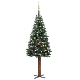 vidaXL Árvore de Natal fina c/ luzes LED e bolas 210 cm verde