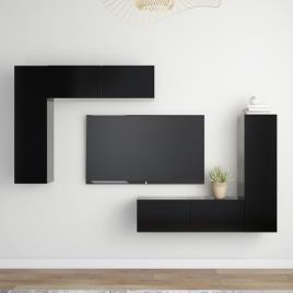 4 pcs conjunto de móveis de TV contraplacado preto