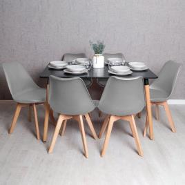 Conjunto Mesa Retangular 120 x 80 cm Preta e 6 Cadeiras Nórdicas Synk - Cinza