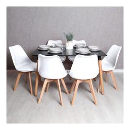 Conjunto Mesa Retangular 120 x 80 cm Preta e 6 Cadeiras Nórdicas Synk - Branco