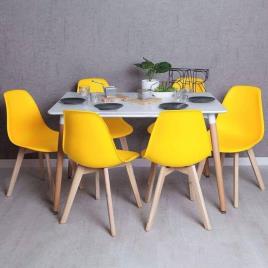 Conjunto Mesa Tower Retangular 120 x 80 cm Branca e Pack 6 Cadeiras Kelen - Amarelo