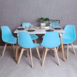 Presentes Miguel - Conjunto Mesa Tower Retangular 120 x 80 cm Branca e Pack 6 Cadeiras Kelen - Azul céu