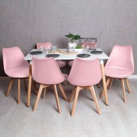 Conjunto Mesa Tower Retangular 120 x 80 cm Branca e Pack 6 Cadeiras Synk Basic - Rosa