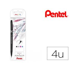 Marcador Ponta Pincel 4 Cores Preto Cinza Azul Céu e Rosa Pentel Touch