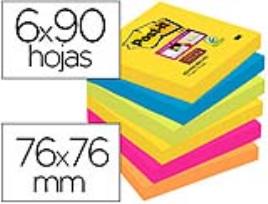 Bloco Notas Adesivas  Super Sticky 76X76 mm c/ 90 Folhas (6 Blocos) Cores Sortidas Rio