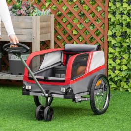 Reboque de Bicicleta para Cães 2 em 1 Carrinho para Animais de Estimação com Porta Enrolável Cinto de Segurança Bandeira e Refl