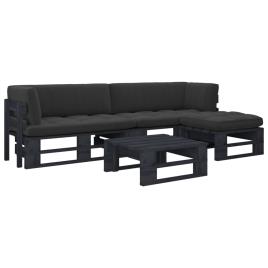 4 pcs conj. lounge paletes c/ almofadões pinho impregnado preto