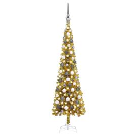 vidaXL Árvore de Natal fina com luzes LED e bolas 120 cm dourada