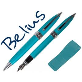 Conjunto Belius Esferográfica e Caneta Brena Turquesa Lacado Cristal