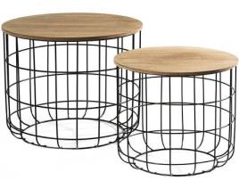 Conjunto de 2 Mesas de Apoio Redondas LIFA LIVING (Preto e Bege - 40x36 cm /  50x40 cm - Madeira MDF e Metal)