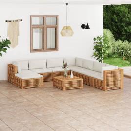 9 pcs conjunto lounge jardim + almofadões cor creme teca maciça