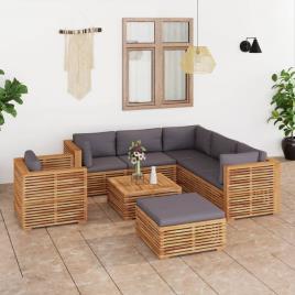 8 pcs conj. lounge jardim + almofadões cinza-escuro teca maciça