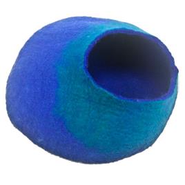 Caverna de lã para gatos feita a mão azul e turquesa
