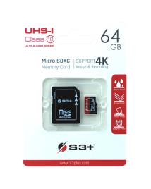 Cartão de Memória Micro SDXC S3PLUS 64GB UHS-I U1 Class 10 com adaptador