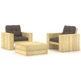 Conjunto Lounge de Jardim com Almofadões Pinho Impregnado 3 pcs