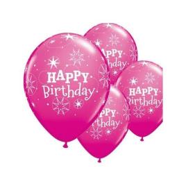 6 Balões Impressos Happy Birthday Estrelas - Wild Berry
